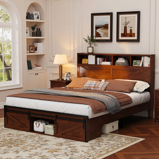 Sunvega Farmhouse Full Size Bed Frame with Storage Headboard, Drawers, Charging Station & LED Lights