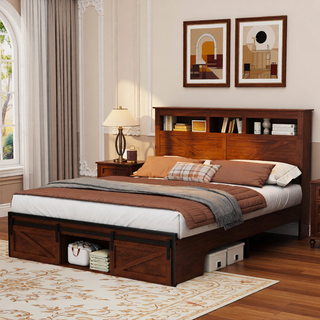 Sunvega Farmhouse Full Size Bed Frame with Storage Headboard, Drawers, Charging Station & LED Lights