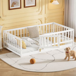 Sunvega Full Size Montessori Floor Bed with Fence Door and Slats for Kids