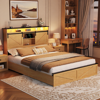 Sunvega Farmhouse Full Size Bed Frame with Storage Headboard, Drawers, Charging Station & LED Lights