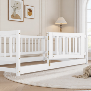 Sunvega Full Size Montessori Floor Bed with Fence Door and Slats for Kids