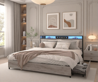 Sunvega Queen Bed Frame with Storage Headboard Charging Station and Smart LED Lights