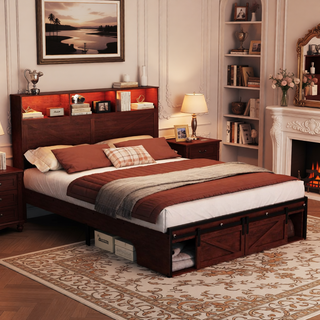 Sunvega Farmhouse Full Size Bed Frame with Storage Headboard, Drawers, Charging Station & LED Lights
