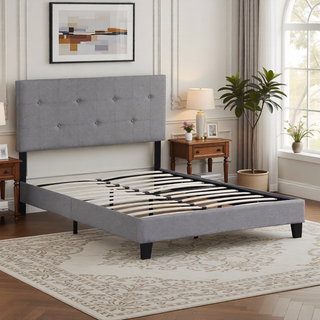 Sunvega Modern Upholstered King Size Platform Bed Frame with Button Tufted Headboard