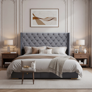 Sunvega Modern Upholstered King Size Platform Bed Frame with Button Tufted Headboard