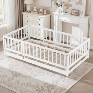 Sunvega Full Size Montessori Floor Bed with Fence Door and Slats for Kids