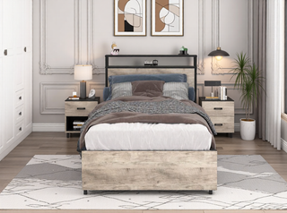 Sunvega Queen Bed Frame with Storage Headboard Charging Station and Smart LED Lights