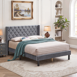 Sunvega Modern Upholstered King Size Platform Bed Frame with Button Tufted Headboard