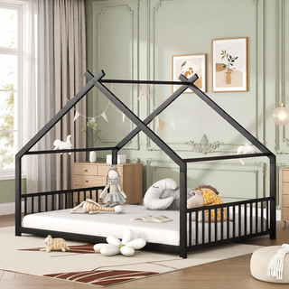 Sunvega Pink Full Size Metal House Bed with Playhouse Roof Design for Kids