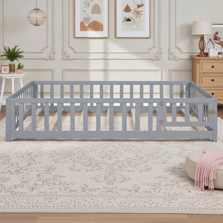 Sunvega Natural Wooden Montessori Floor Bed Frame with Fence and Door for Kids