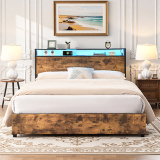 Sunvega Queen Bed Frame with Storage Headboard Charging Station and Smart LED Lights