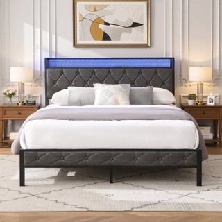 Sunvega Upholstered Queen Bed Frame with LED Headboard Storage Shelf and Charging Station