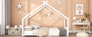 Sunvega Pink Full Size Metal House Bed with Playhouse Roof Design for Kids