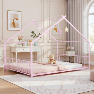 Sunvega Pink Full Size Metal House Bed with Playhouse Roof Design for Kids