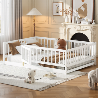 Sunvega Full Size Montessori Floor Bed with Fence Door and Slats for Kids