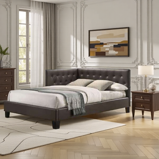Sunvega Brown Faux Leather Upholstered Full Bed with USB Ports and Censor Lights