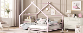 Sunvega Pink Full Size Metal House Bed with Playhouse Roof Design for Kids