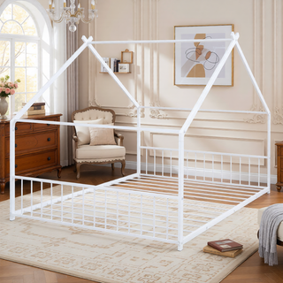 Sunvega Pink Full Size Metal House Bed with Playhouse Roof Design for Kids