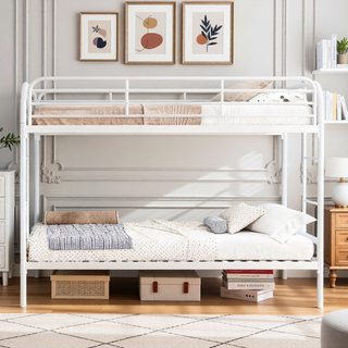 Sunvega Twin Over Twin Metal Bunk Bed with 2 Ladders and Full-Length Guardrail
