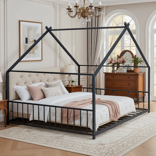 Sunvega Pink Full Size Metal House Bed with Playhouse Roof Design for Kids