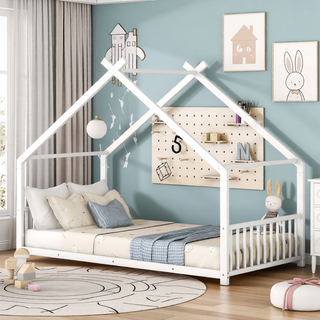 Sunvega Pink Full Size Metal House Bed with Playhouse Roof Design for Kids