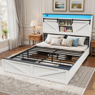 Sunvega Farmhouse Full Size Bed Frame with Storage Headboard, Drawers, Charging Station & LED Lights