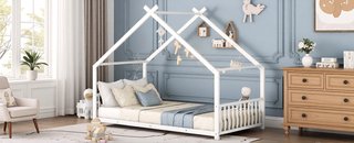 Sunvega Pink Full Size Metal House Bed with Playhouse Roof Design for Kids