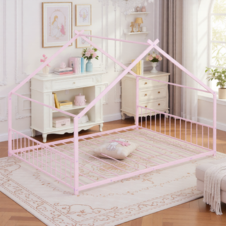 Sunvega Pink Full Size Metal House Bed with Playhouse Roof Design for Kids