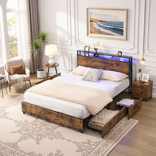 Sunvega Queen Bed Frame with Storage Headboard Charging Station and Smart LED Lights