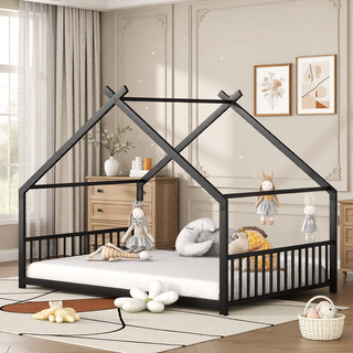 Sunvega Pink Full Size Metal House Bed with Playhouse Roof Design for Kids