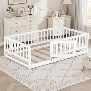 Sunvega Full Size Montessori Floor Bed with Fence Door and Slats for Kids