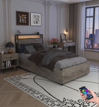 Sunvega Queen Bed Frame with Storage Headboard Charging Station and Smart LED Lights