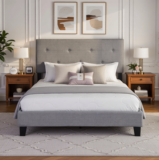 Sunvega Modern Upholstered King Size Platform Bed Frame with Button Tufted Headboard