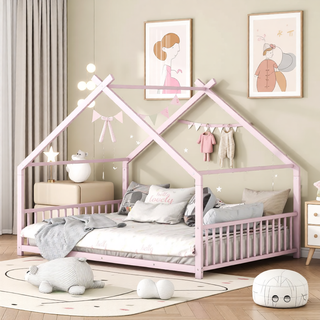 Sunvega Pink Full Size Metal House Bed with Playhouse Roof Design for Kids