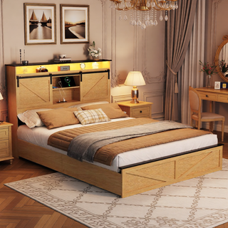 Sunvega Farmhouse Full Size Bed Frame with Storage Headboard, Drawers, Charging Station & LED Lights