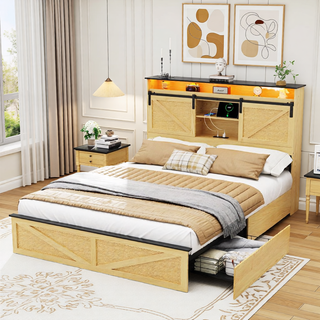Sunvega Farmhouse Full Size Bed Frame with Storage Headboard, Drawers, Charging Station & LED Lights