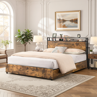 Sunvega Queen Bed Frame with Storage Headboard Charging Station and Smart LED Lights