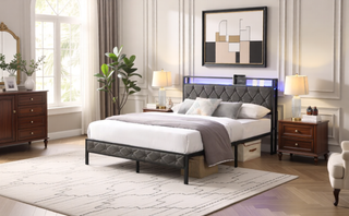 Sunvega Upholstered Queen Bed Frame with LED Headboard Storage Shelf and Charging Station