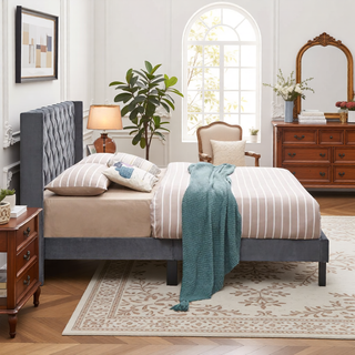 Sunvega Modern Upholstered King Size Platform Bed Frame with Button Tufted Headboard