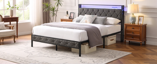 Sunvega Upholstered Queen Bed Frame with LED Headboard Storage Shelf and Charging Station