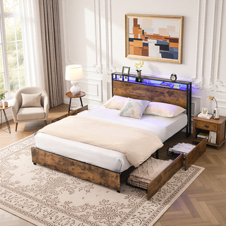 Sunvega Queen Bed Frame with Storage Headboard Charging Station and Smart LED Lights