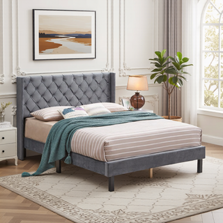 Sunvega Modern Upholstered King Size Platform Bed Frame with Button Tufted Headboard