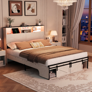 Sunvega Farmhouse Full Size Bed Frame with Storage Headboard, Drawers, Charging Station & LED Lights