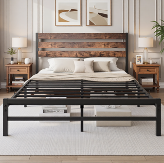 Sunvega Queen Size Platform Bed Frame with Wooden Headboard and Under Bed Storage