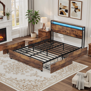Sunvega Queen Bed Frame with Storage Headboard Charging Station and Smart LED Lights