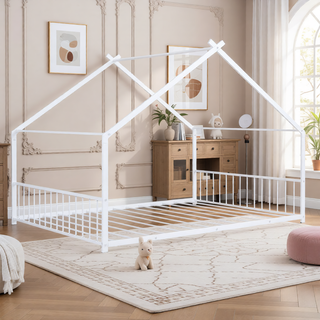 Sunvega Pink Full Size Metal House Bed with Playhouse Roof Design for Kids