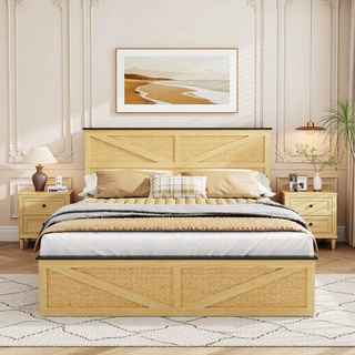 Sunvega Farmhouse Full Size Bed Frame with Storage Headboard, Drawers, Charging Station & LED Lights