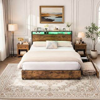 Sunvega Queen Bed Frame with Storage Headboard Charging Station and Smart LED Lights