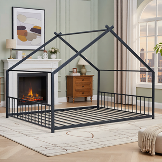 Sunvega Pink Full Size Metal House Bed with Playhouse Roof Design for Kids