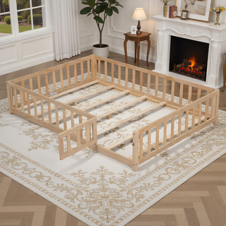 Sunvega Natural Wooden Montessori Floor Bed Frame with Fence and Door for Kids
